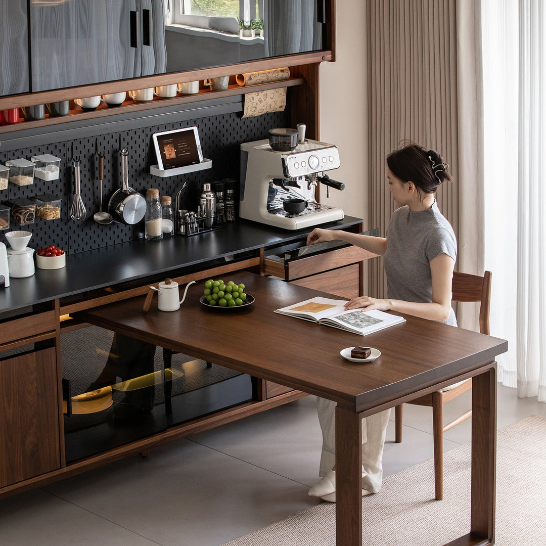 Japandi walnut wood storage side cabinet with dining table harmon environmental situation.