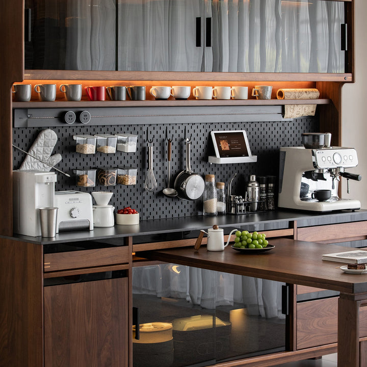 Japandi walnut wood storage side cabinet with dining table harmon conceptual design.