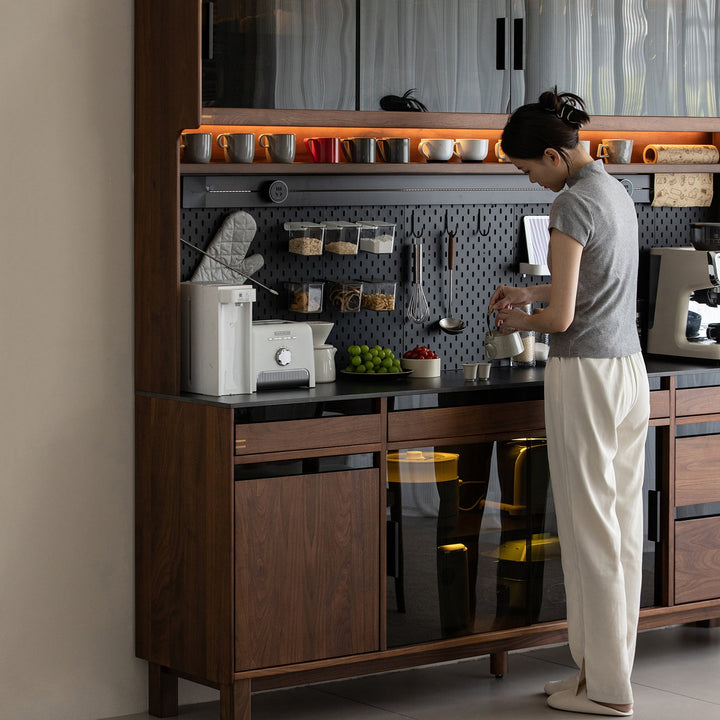 Japandi walnut wood storage side cabinet with dining table harmon color swatches.