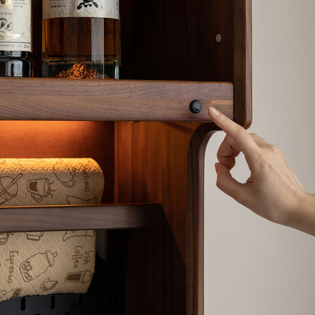 Japandi walnut wood storage side cabinet with dining table harmon in real life style.