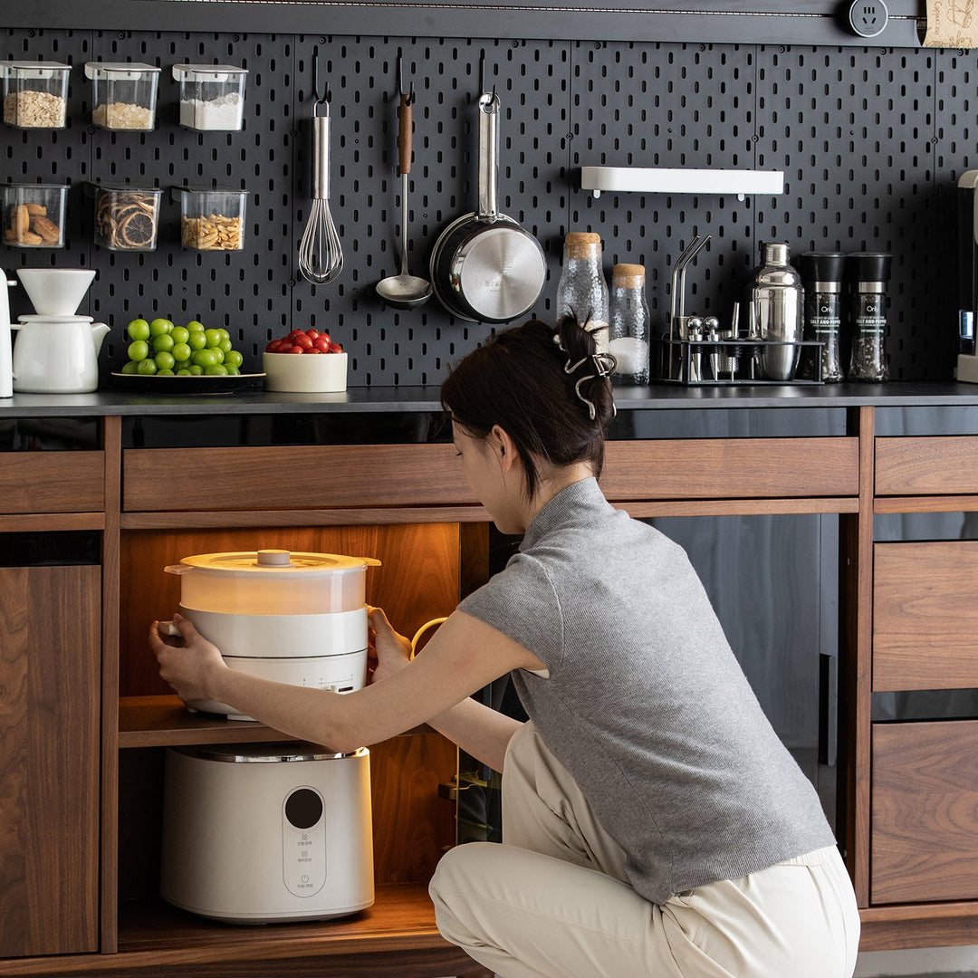 Japandi walnut wood storage side cabinet with dining table harmon in details.