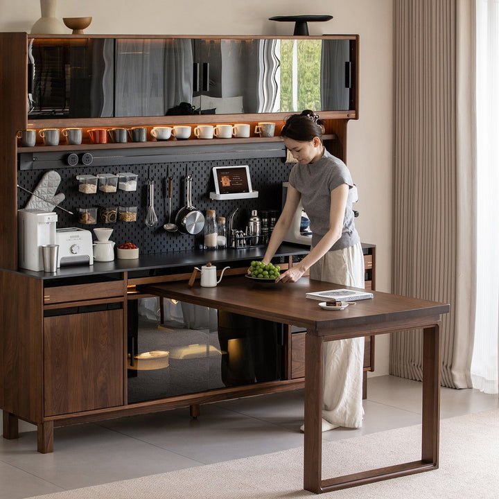 Japandi walnut wood storage side cabinet with dining table harmon in close up details.