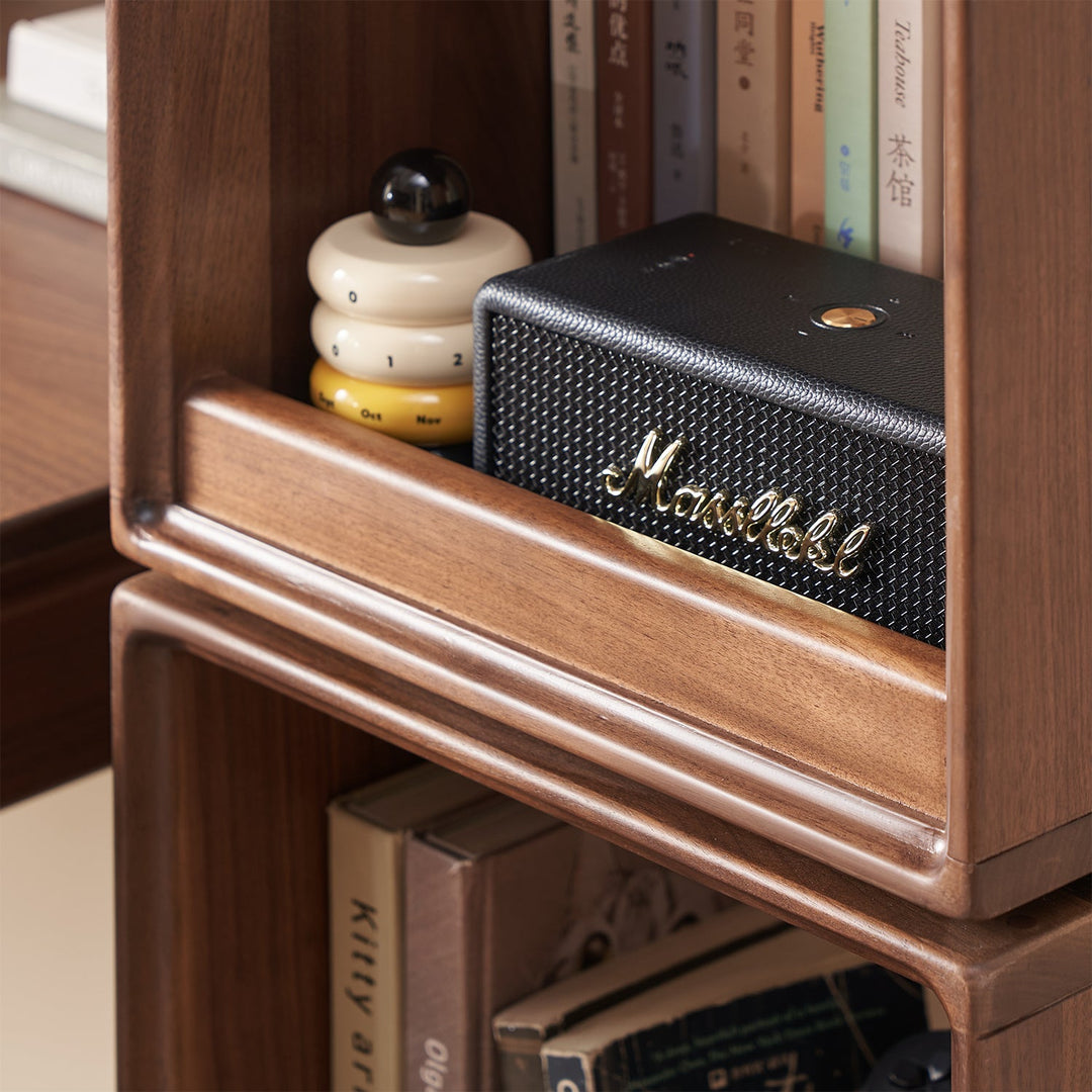 Japandi walnut wood swivel side cabinet monash in still life.