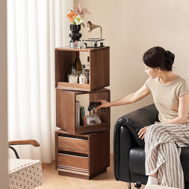 Japandi walnut wood swivel side cabinet monash primary product view.