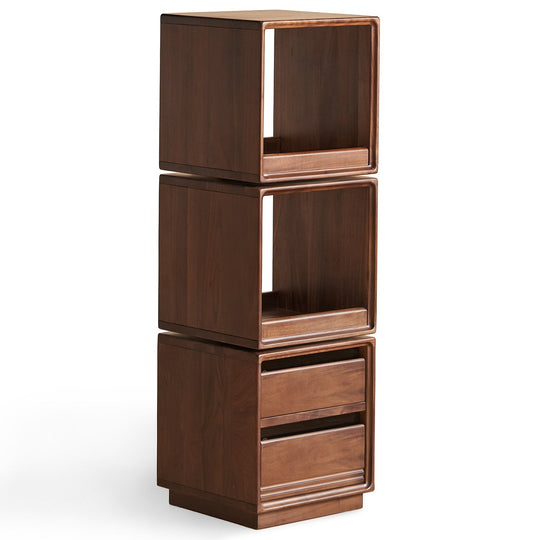 Japandi walnut wood swivel side cabinet monash in white background.
