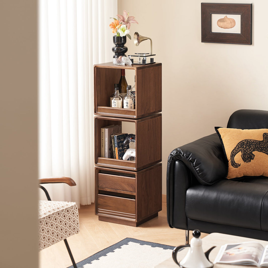 Japandi walnut wood swivel side cabinet monash size charts.