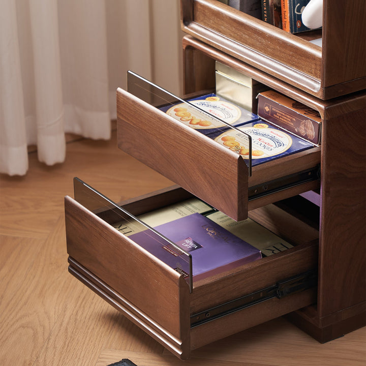 Japandi walnut wood swivel side cabinet monash in panoramic view.