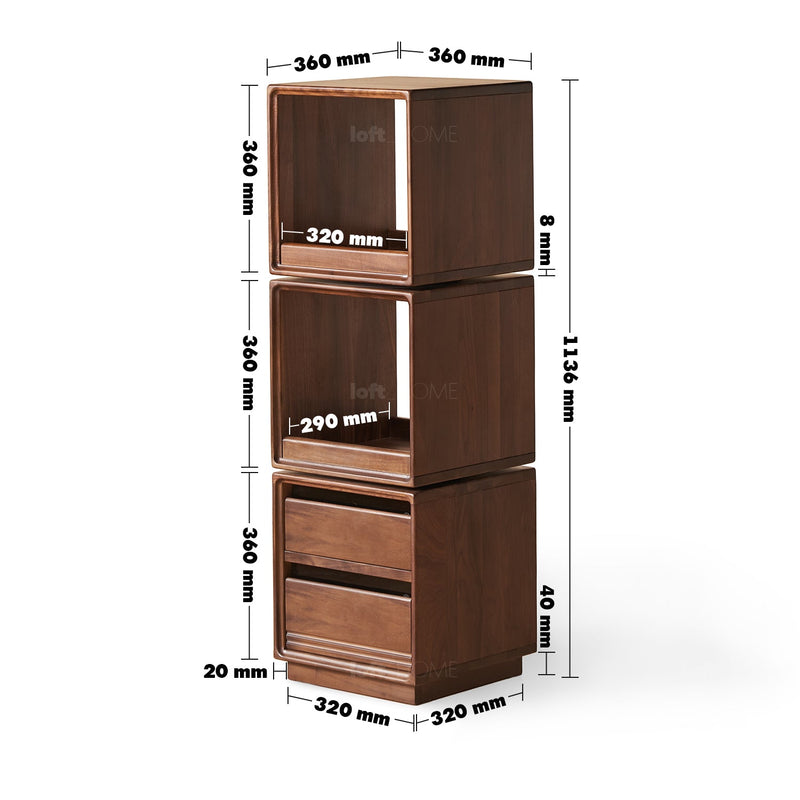 dimension detail diagram of Japandi Walnut Wood Swivel Side Cabinet MONASH