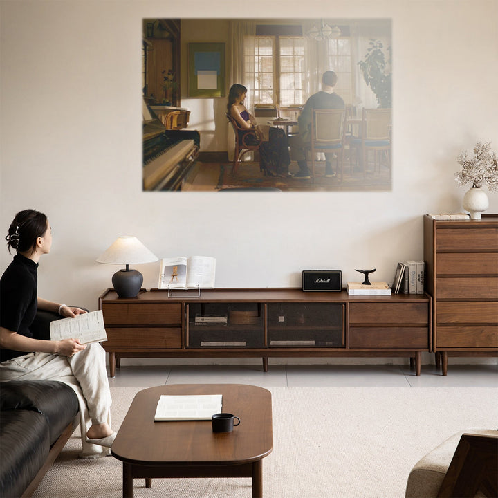 Japandi walnut wood tv console vista primary product view.