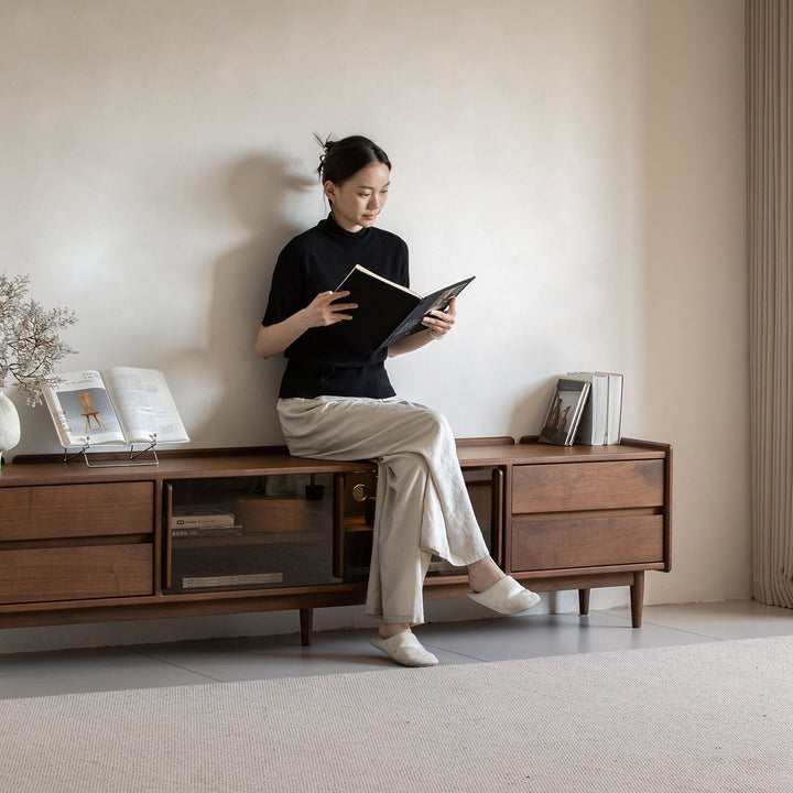 Japandi walnut wood tv console vista environmental situation.