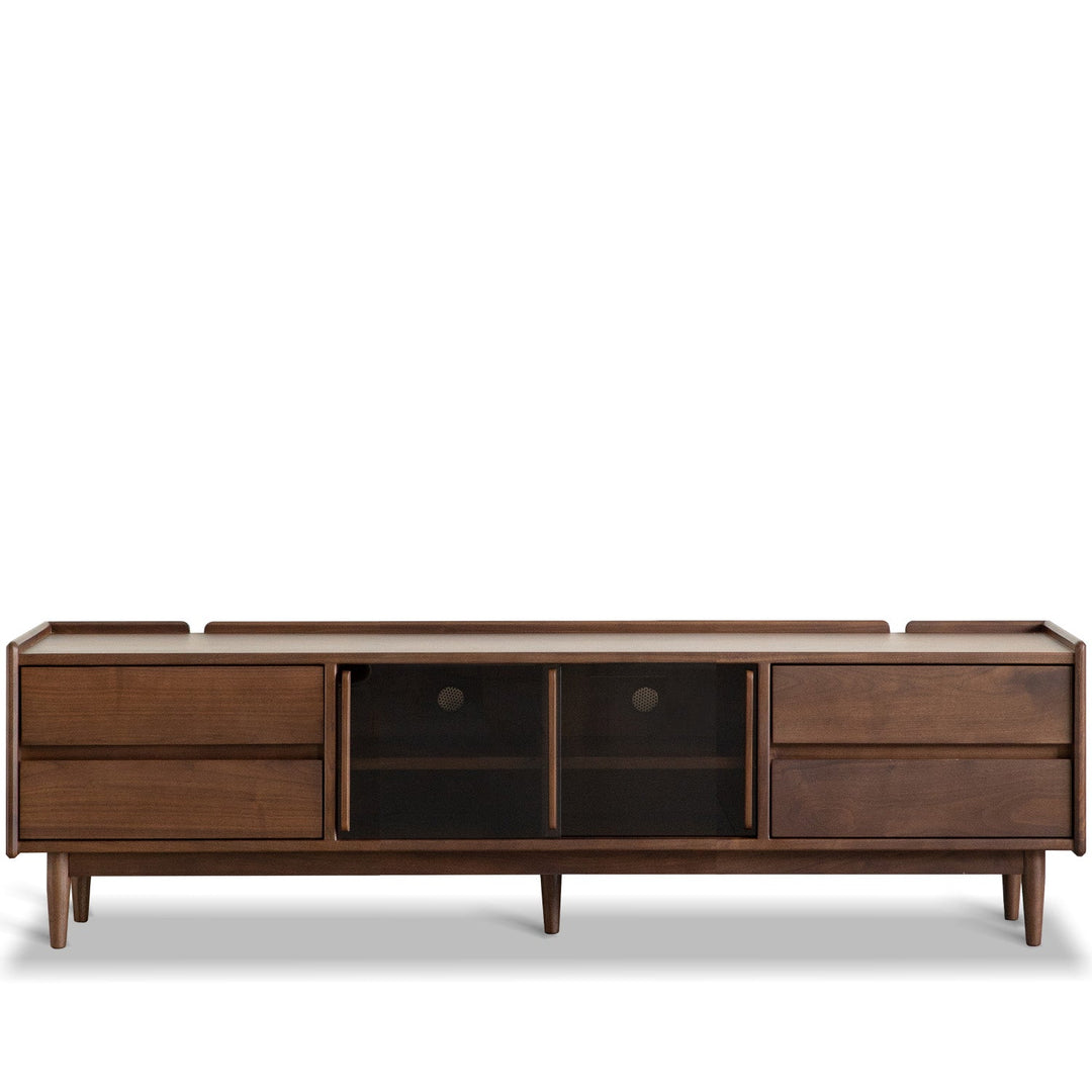 Japandi walnut wood tv console vista conceptual design.
