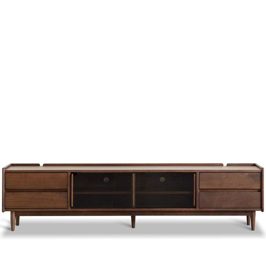 Japandi walnut wood tv console vista in white background.