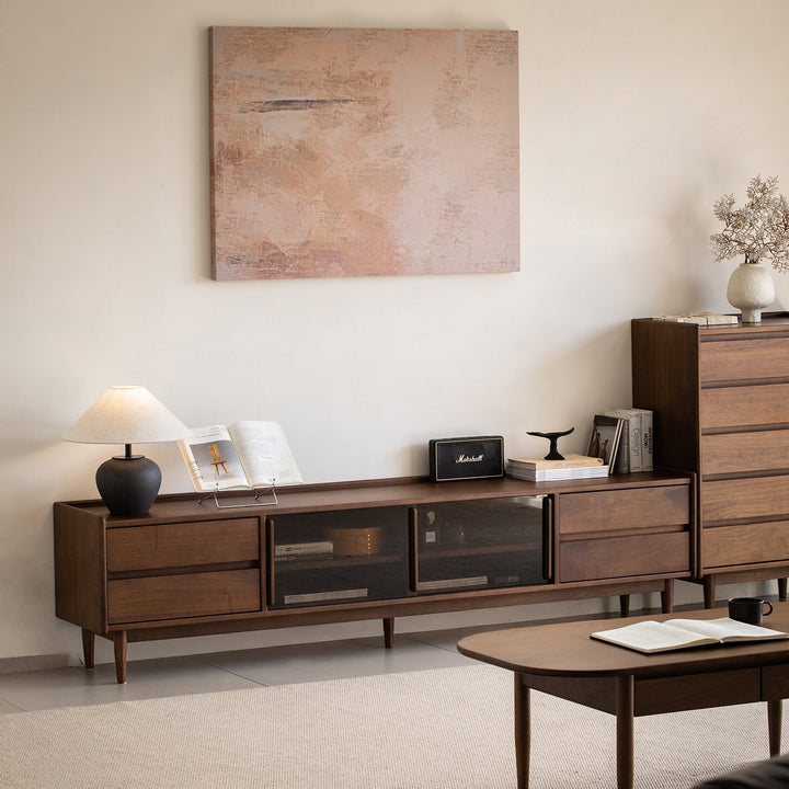 Japandi walnut wood tv console vista size charts.