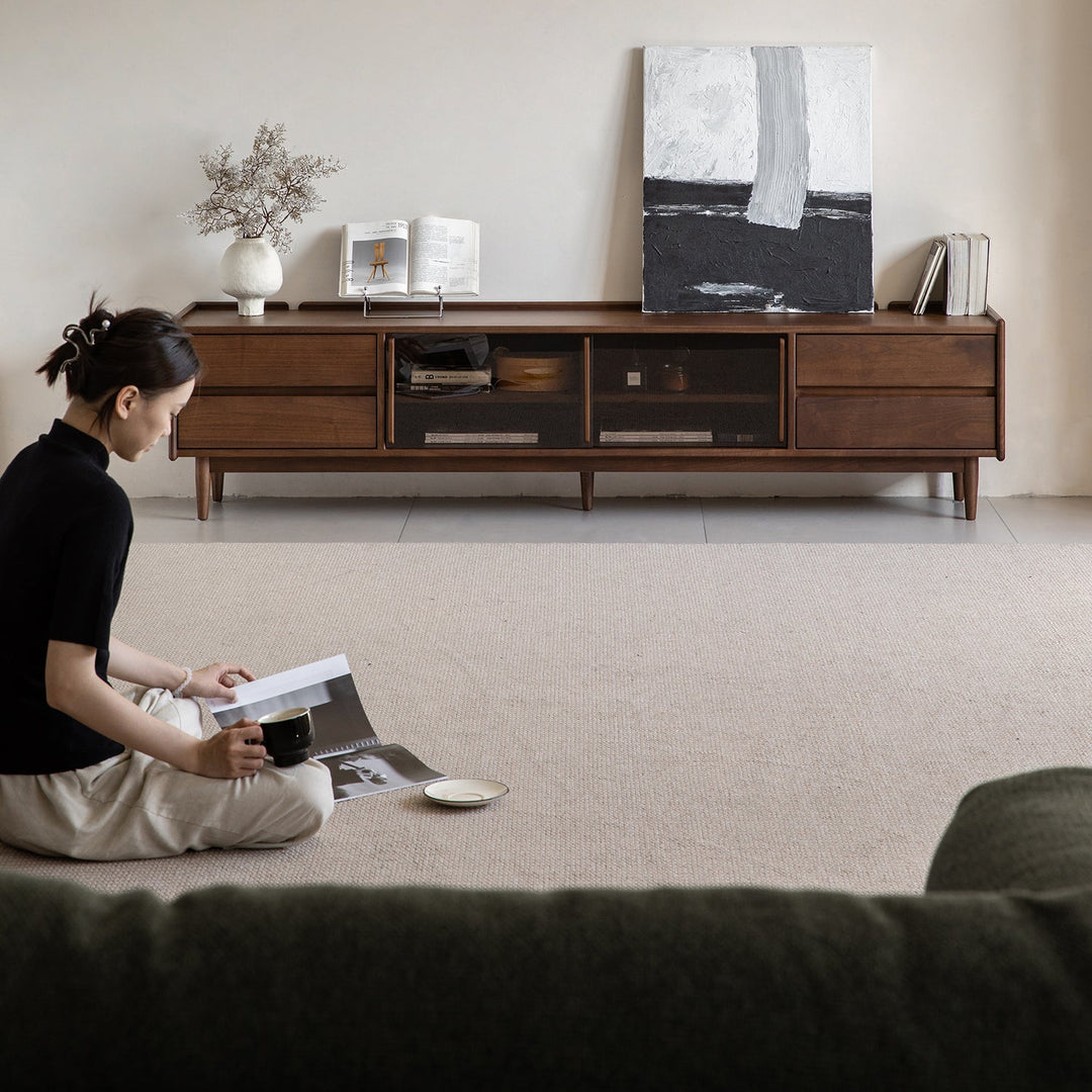 Japandi walnut wood tv console vista material variants.