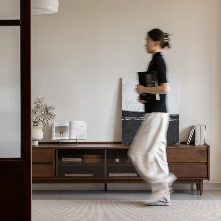 Japandi walnut wood tv console vista with context.