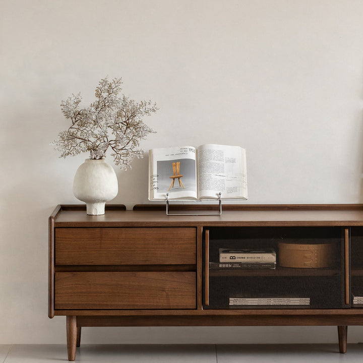 Japandi walnut wood tv console vista in details.