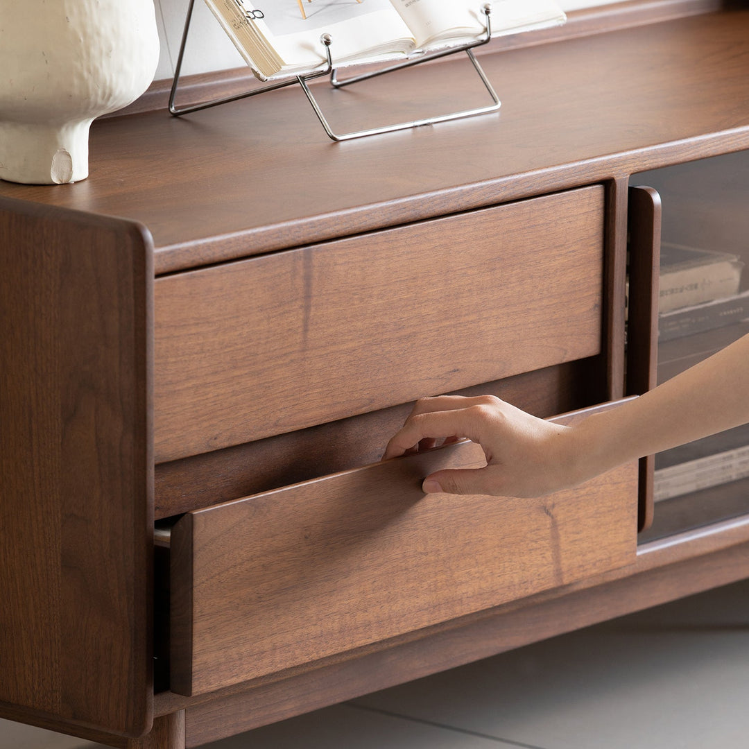 Japandi walnut wood tv console vista in panoramic view.