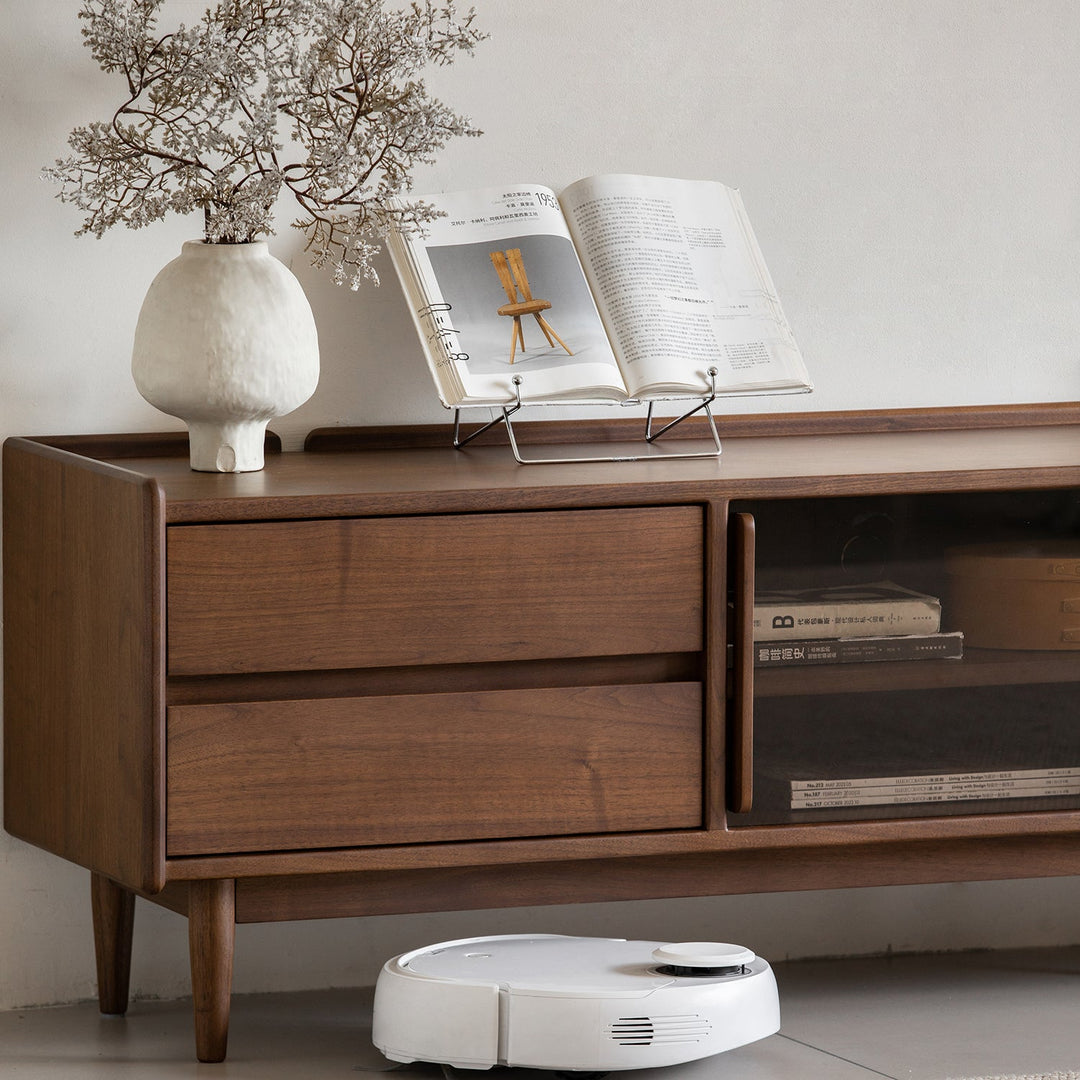 Japandi walnut wood tv console vista in still life.