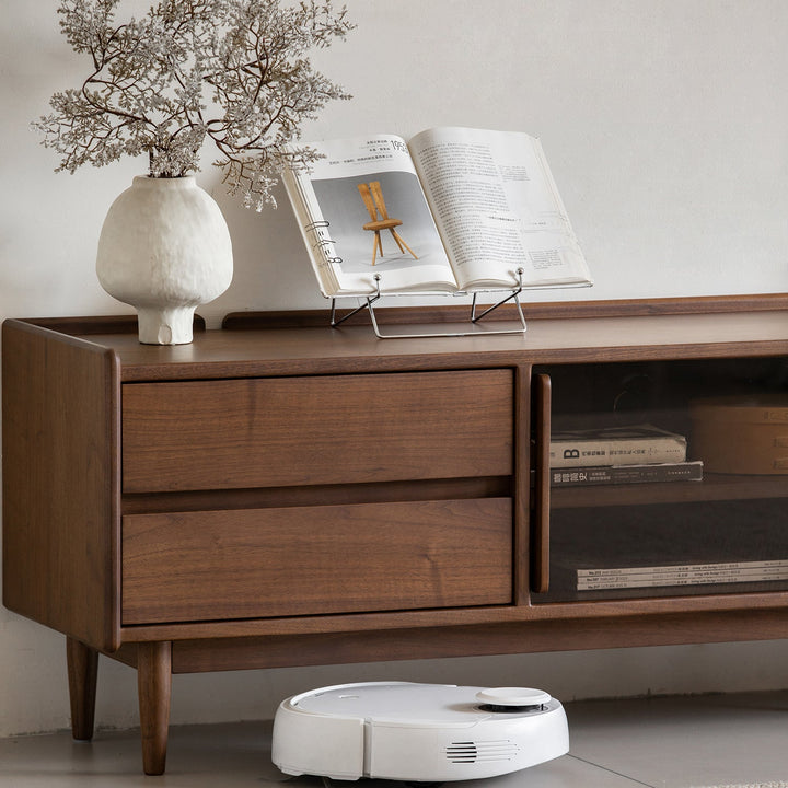 Japandi walnut wood tv console vista in still life.