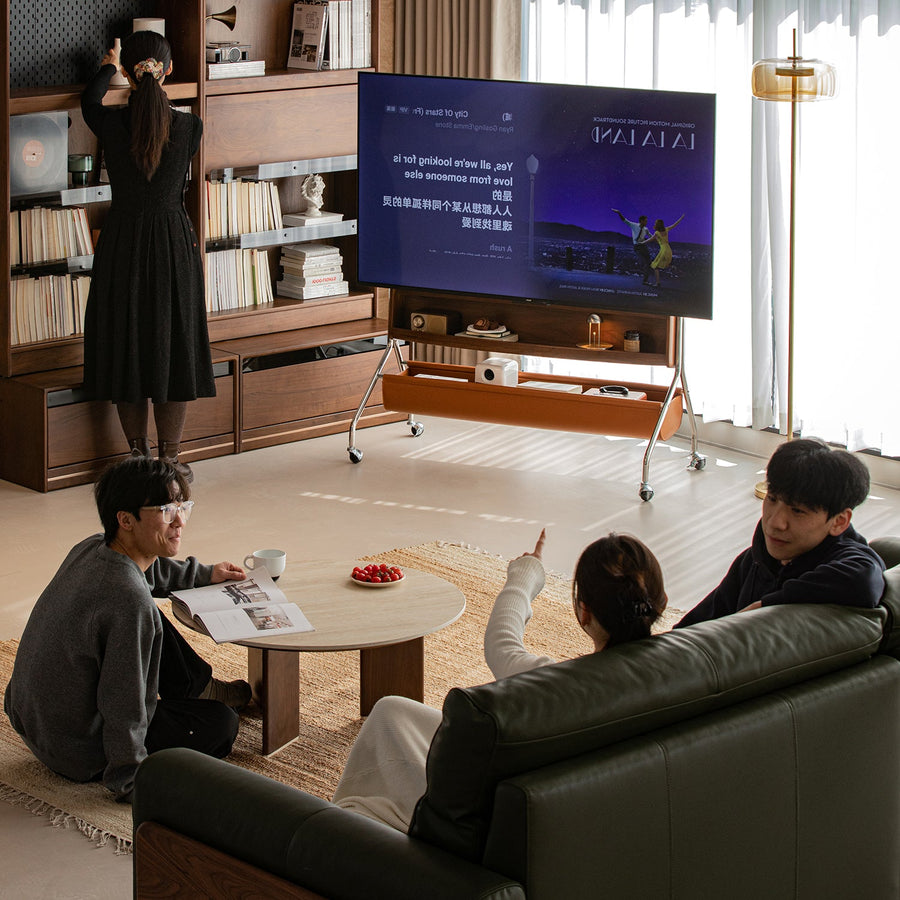 Japandi walnut wood tv hanger sereno primary product view.