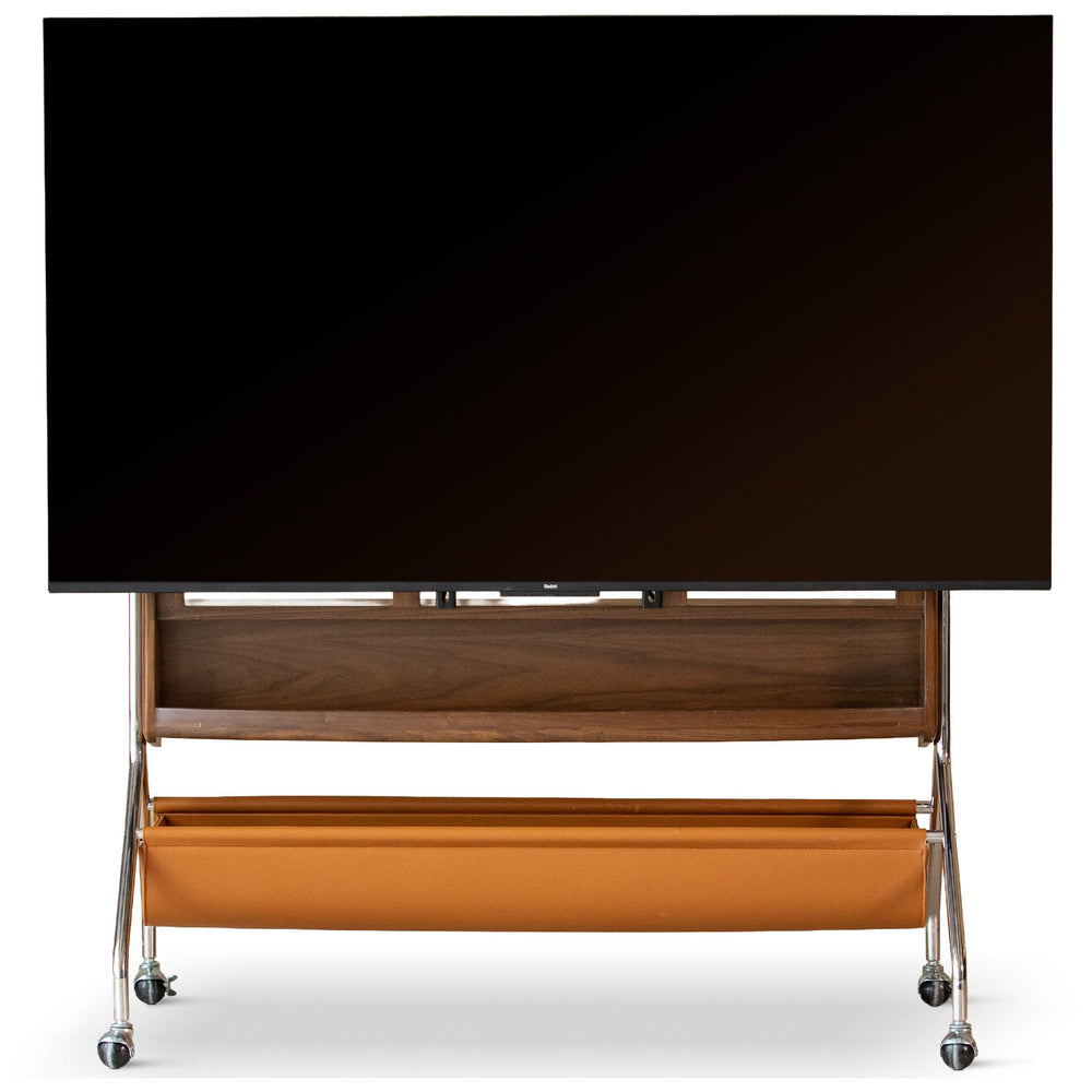 Japandi walnut wood tv hanger sereno in white background.