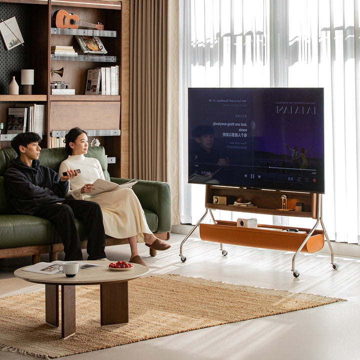 Japandi walnut wood tv hanger sereno material variants.