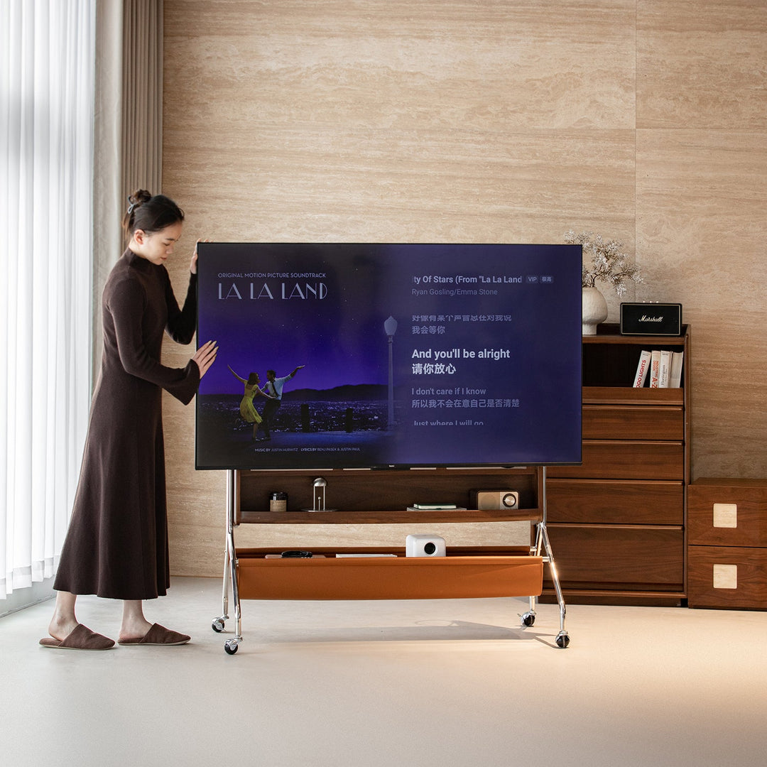 Japandi walnut wood tv hanger sereno with context.