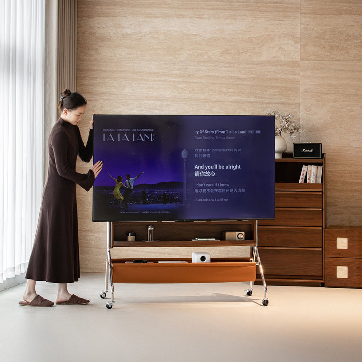 Japandi walnut wood tv hanger sereno with context.