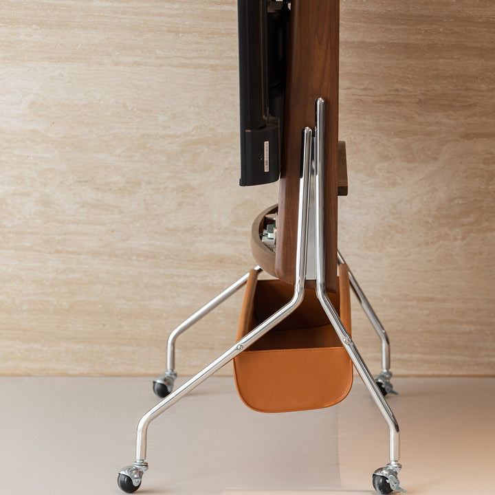 Japandi walnut wood tv hanger sereno in close up details.