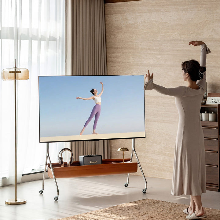 Japandi walnut wood tv hanger sereno in still life.