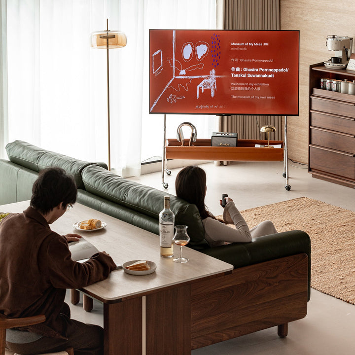 Japandi walnut wood tv hanger sereno conceptual design.