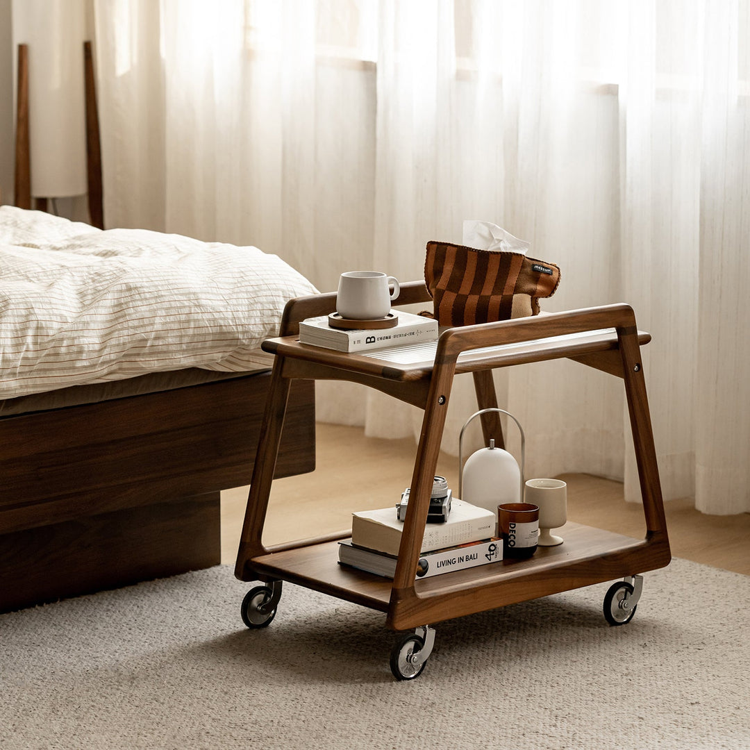 Japandi Walnut Wood Wheeled Trolley Side Table YOYO
