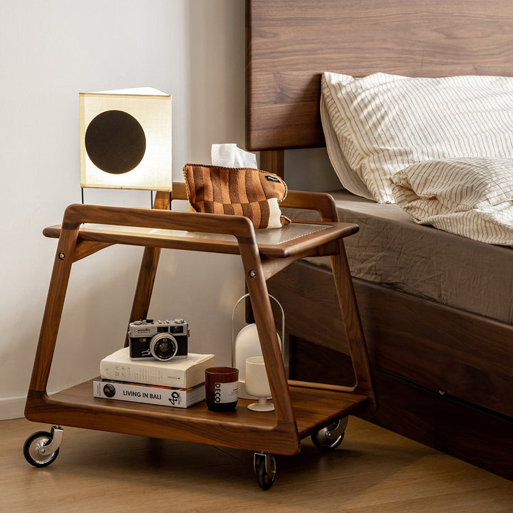 Japandi Walnut Wood Wheeled Trolley Side Table YOYO