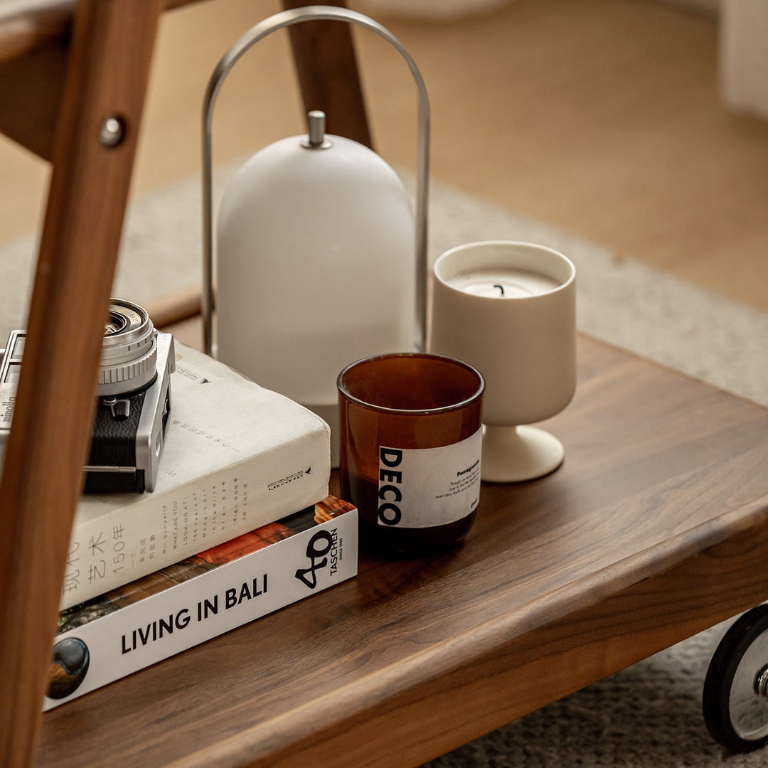 Japandi Walnut Wood Wheeled Trolley Side Table YOYO