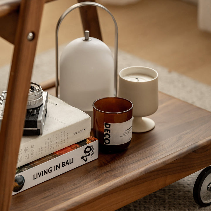 Japandi Walnut Wood Wheeled Trolley Side Table YOYO