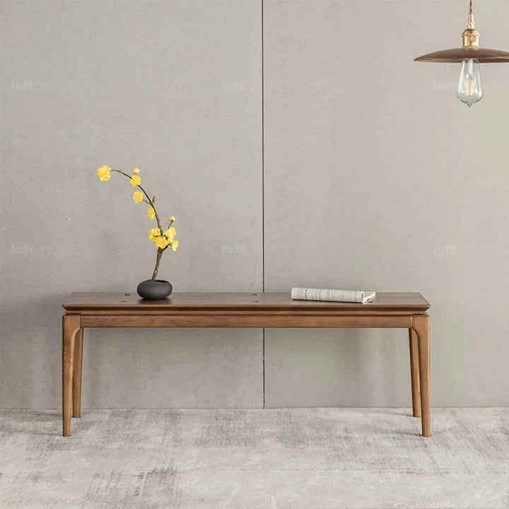 Japandi wood dining bench adeline in details.