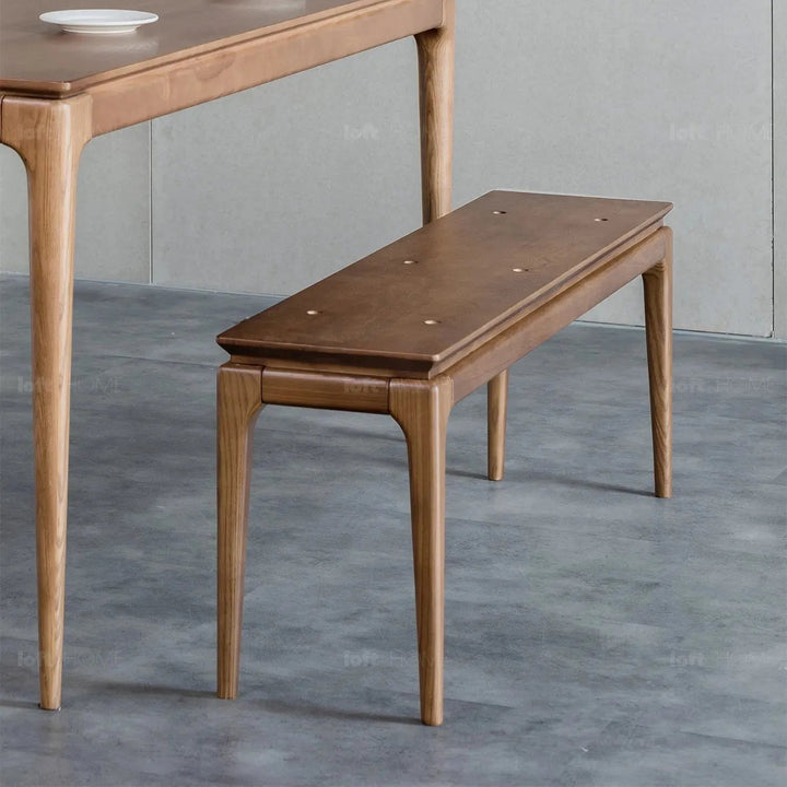 Japandi wood dining bench adeline in close up details.