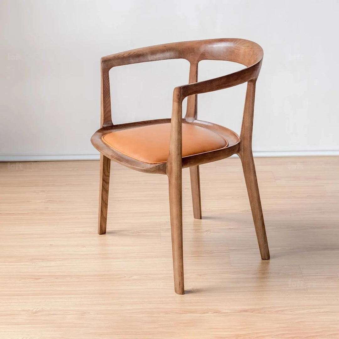 Japandi wood dining chair hero in close up details.