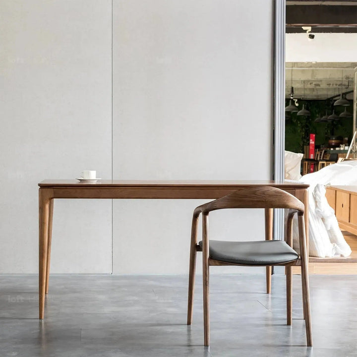 Japandi wood dining chair neum in close up details.