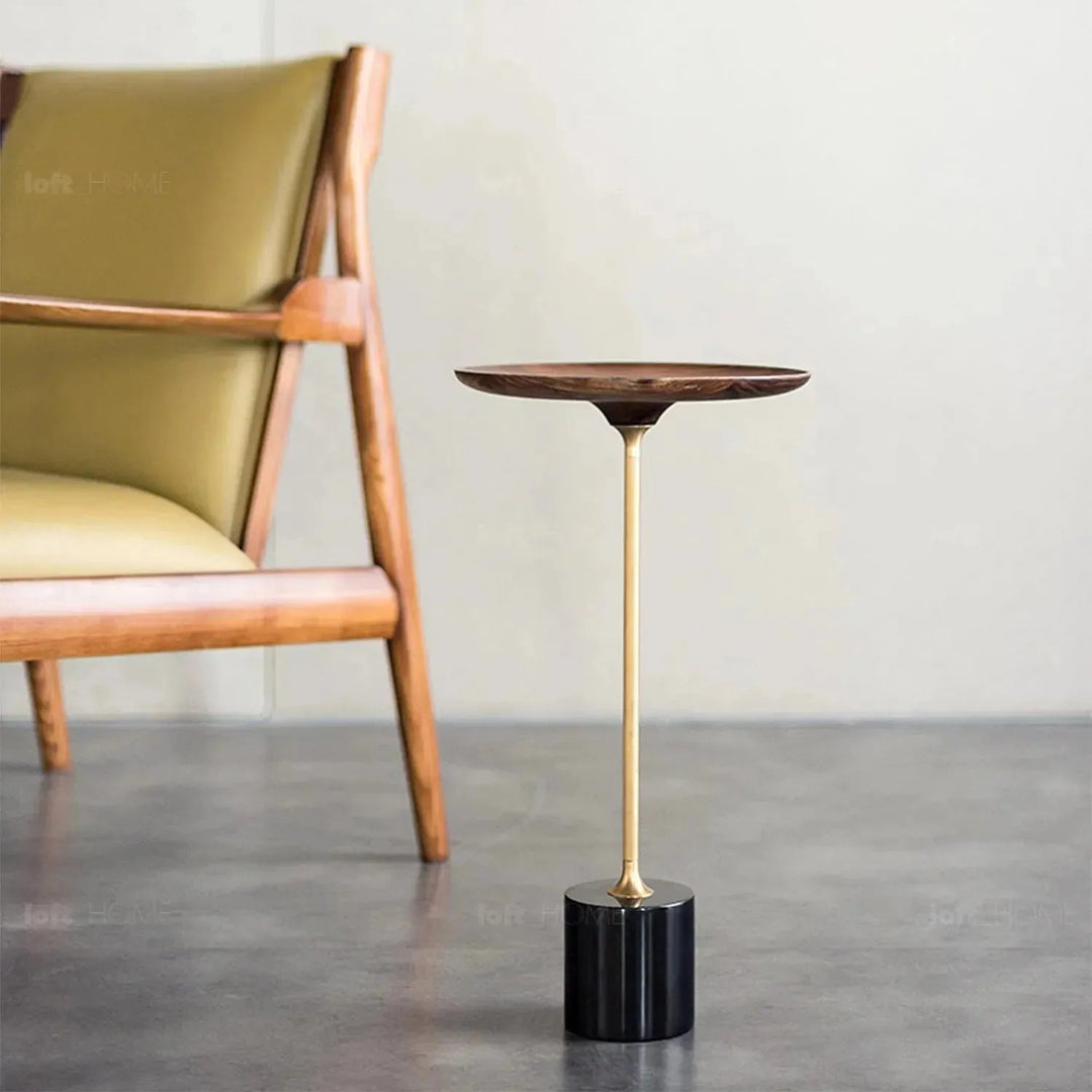 Japandi wood side table cocktail material variants.