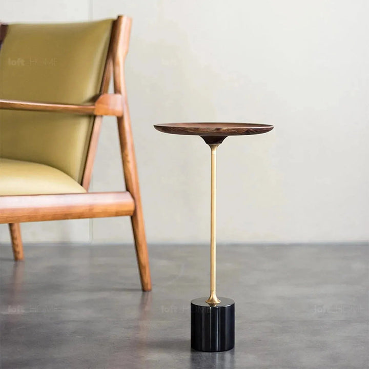 Japandi wood side table cocktail material variants.