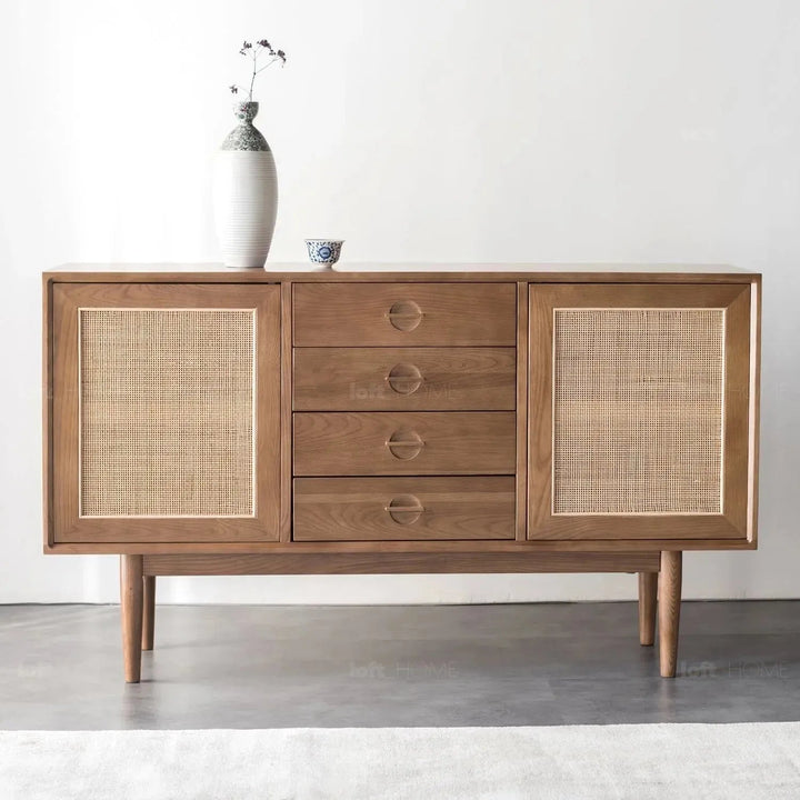 Japandi wood storage cabinet peak color swatches.