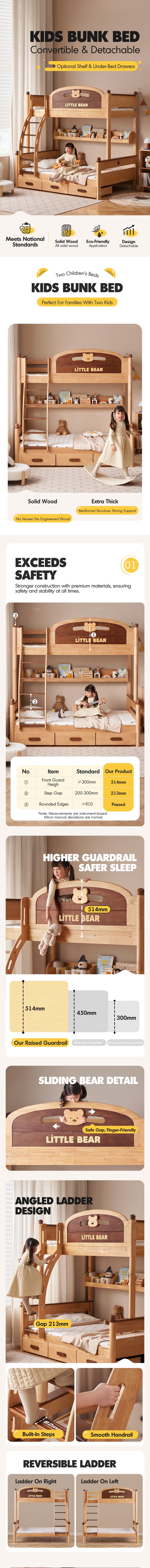 more product details and feature of Scandinavian Rubber Wood Kids Bunk Bed With Bottom Drawers And Wall Shelf LITTLE BEAR