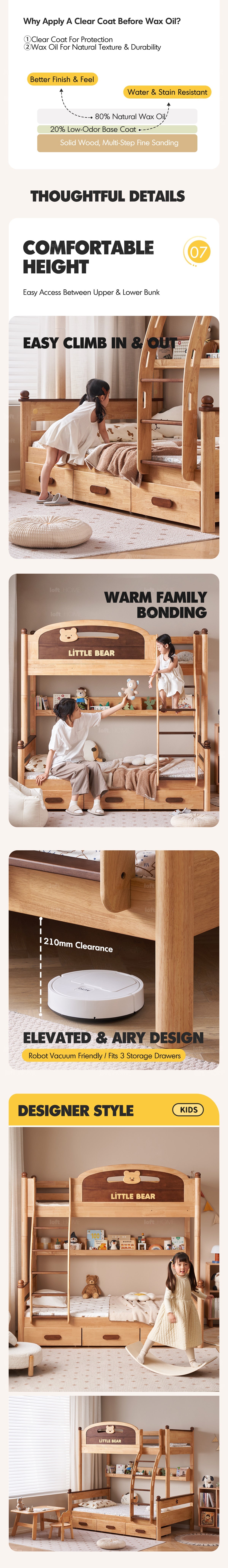 more product details and feature of Scandinavian Rubber Wood Kids Bunk Bed With Bottom Drawers And Wall Shelf LITTLE BEAR