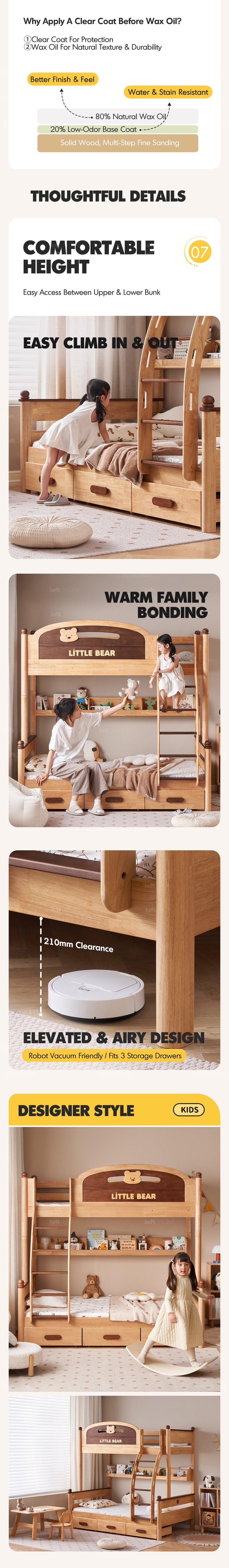 more product details and feature of Scandinavian Rubber Wood Kids Bunk Bed With Bottom Drawers And Wall Shelf LITTLE BEAR