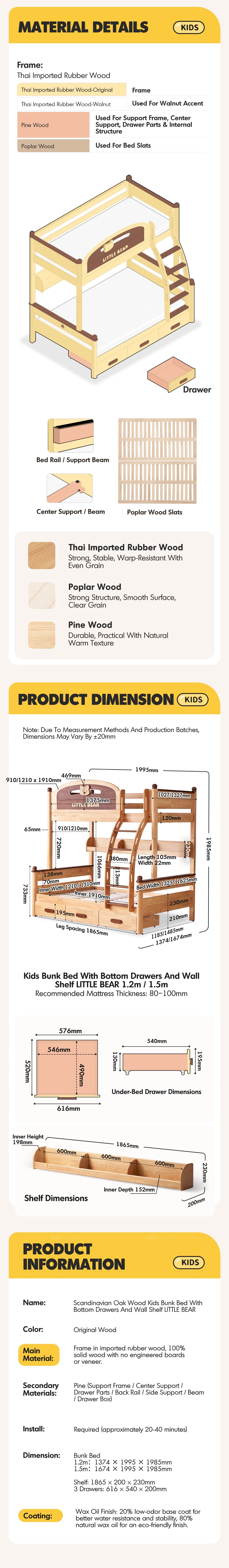 more product details and feature of Scandinavian Rubber Wood Kids Bunk Bed With Bottom Drawers And Wall Shelf LITTLE BEAR
