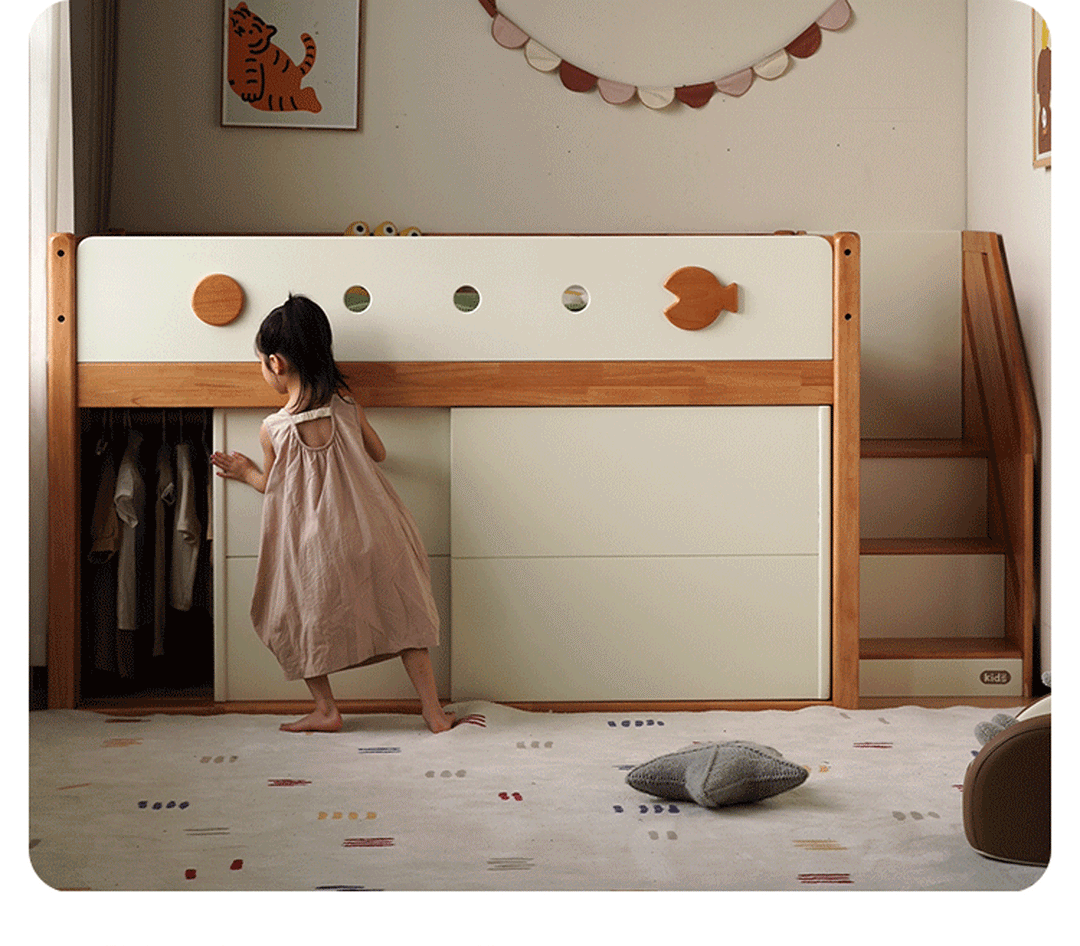 Scandinavian Rubber Wood Kids Storage Bed LUNOR
