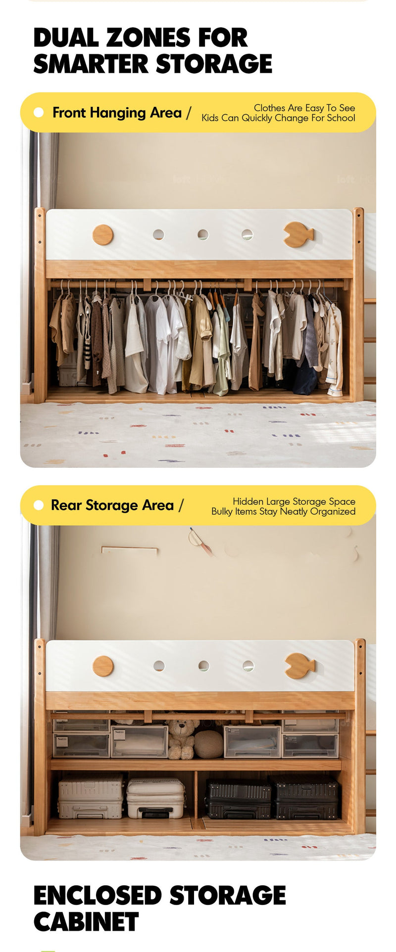 more product details and feature of Scandinavian Rubber Wood Kids Storage Bed LUNOR