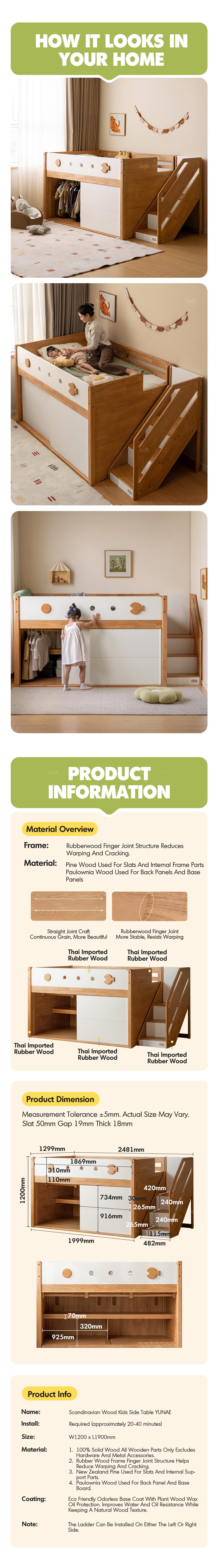 more product details and feature of Scandinavian Rubber Wood Kids Storage Bed LUNOR