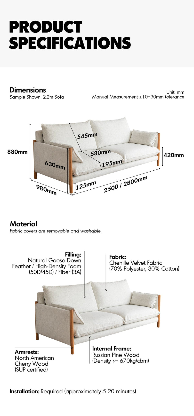 Scandinavian Chenille Velvet Fabric Cherry Wood 4 Seater Sofa SEA SALT More Details and Instruction_7